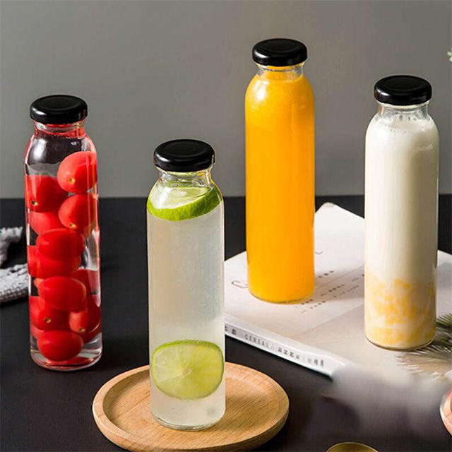 12oz Round Glass Juice Fruit Beverage Bottle With Screw Lid