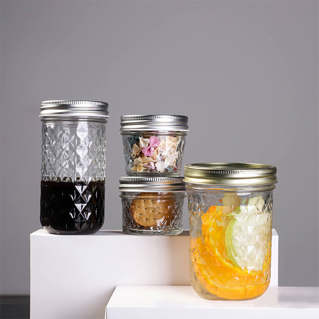 250ml 300ml 350ml 500ml 650ml Diamond Glass Mason Jar with Aluminium Lid