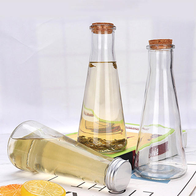 350ml Conical Glass Cold Drink Milk Bottle with Cork Aluminum Lid