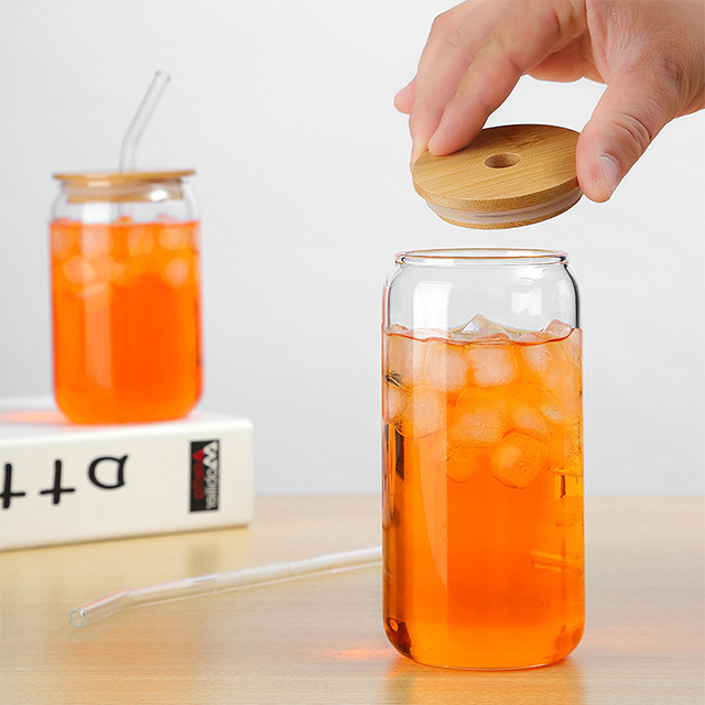 350ml 550ml High Borosilicate Glass Juice Cold Drink Cup with Bamboo Lid