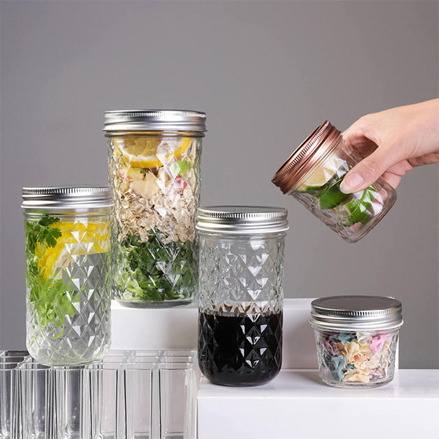 250ml 300ml 350ml 500ml 650ml Diamond Glass Mason Jar with Aluminium Lid