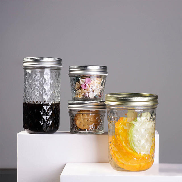 250ml 300ml 350ml 500ml 650ml Diamond Glass Mason Jar with Aluminium Lid