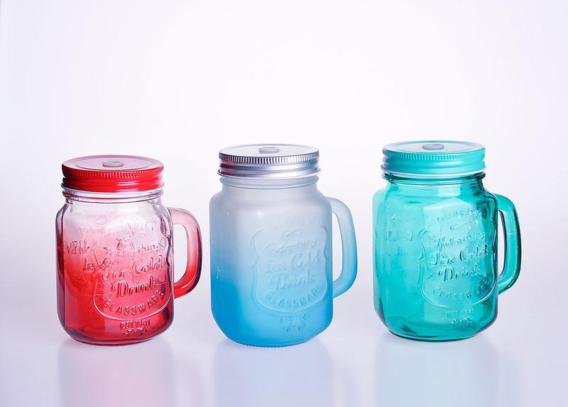 European Embossed Glass Mason Jar with Handle