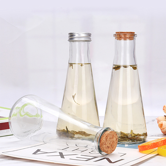 350ml Conical Glass Cold Drink Milk Bottle with Cork Aluminum Lid
