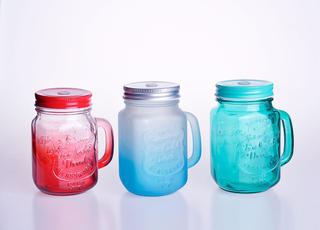 European Embossed Glass Mason Jar with Handle